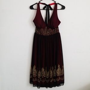 Bohemian Burgundy Plunging Neckline Formal Dress